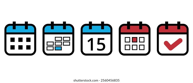 Collection of flat calendar icons in different formats and colors for websites and graphic resources, calendar icon with specific day marked on day 15.