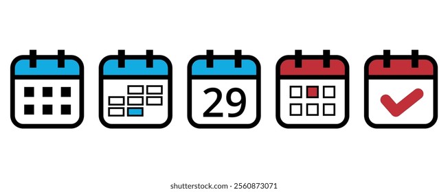 Collection of flat calendar icons in different formats and colors for websites and graphic resources, calendar icon with specific day marked on day 29.