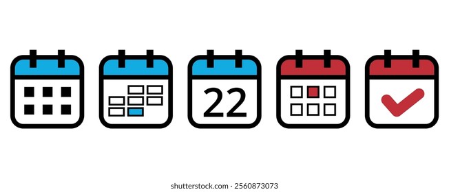 Collection of flat calendar icons in different formats and colors for websites and graphic resources, calendar icon with specific day marked on day 22.