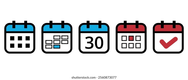 Collection of flat calendar icons in different formats and colors for websites and graphic resources, calendar icon with specific day marked on day 30.