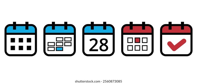 Collection of flat calendar icons in different formats and colors for websites and graphic resources, calendar icon with specific day marked on day 28.