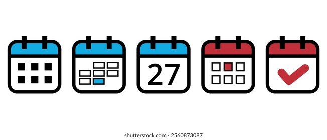 Collection of flat calendar icons in different formats and colors for websites and graphic resources, calendar icon with specific day marked on day 27.