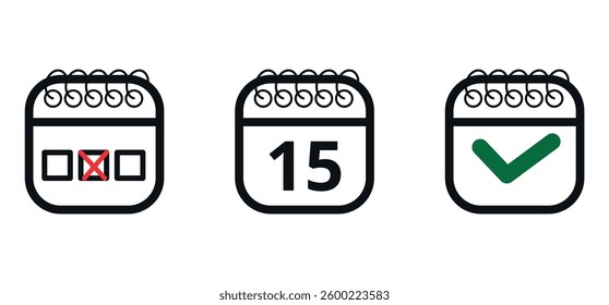 Collection of flat calendar icons with different shapes. Vector illustration of calendar icon with specific day marked, day 15.