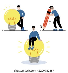 Collection of flat cartoon illustration vector peolple with Light bulb and pencil concept of Creativity, Thinking, Idea.