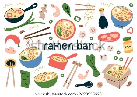 Collection of flat cartoon illustrations on ramen theme with bowls of noodles, broth and ingredients. Japanese food concept for menu design, restaurant branding, recipe cards and vector ramen bar set