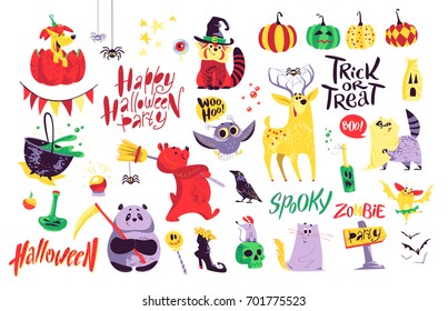 Collection of flat cartoon vector halloween traditional decoration elements isolated on white background. Funny spooky animals in costumes. Good for party invitation, flyer, poster, packaging designs.