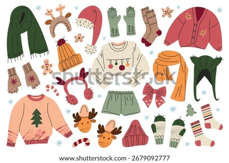 Collection of flat cartoon winter clothing and Christmas accessories. Vector illustrations of scarves, hats, sweaters, mittens, slippers, socks, festive details. Cozy warm outfit design for holiday