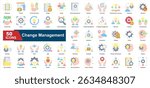 A collection of flat Change Management icons. Includes adaptation, teamwork, planning, strategy, employee engagement, and more. Ideal for business illustrations and presentations.