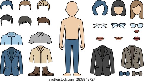 A collection of flat, for character creation, including various hairstyles, shirts, suits, glasses, lips, and footwear.