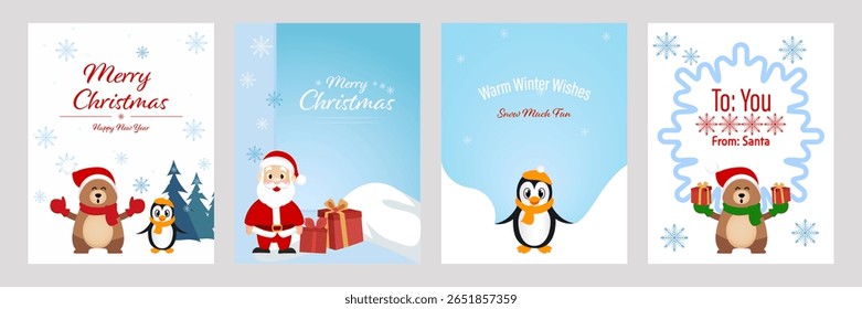 Collection of flat Christmas cards featuring cartoon animals, Santa Claus, snowflakes and gift boxes. Bright winter backgrounds in red, white and blue. Vector illustration on editable layers