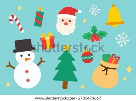 Collection of flat Christmas cartoon elements includes Santa Claus, snowman, Christmas tree, gift sack, present box, candy cane, holly leaves, Christmas balls, jingle bells, candle, and snowflakes