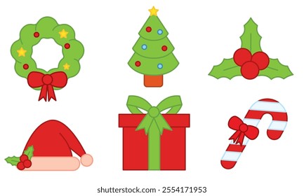 Collection of flat Christmas icons and decorations Vector