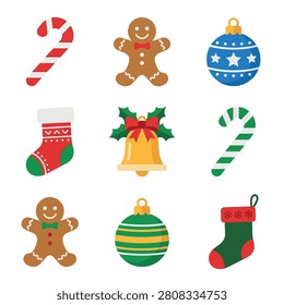 A collection of flat Christmas icons including candy canes, gingerbread men, ornaments, a bell, and stockings on a white background.