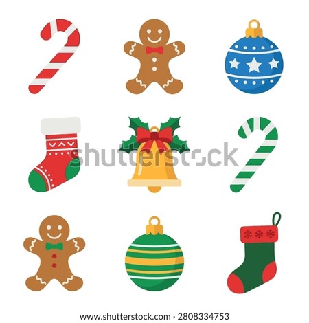 A collection of flat Christmas icons including candy canes, gingerbread men, ornaments, a bell, and stockings on a white background.