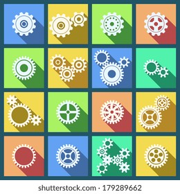 Collection of flat cogs wheels and gears icons set isolated vector illustration