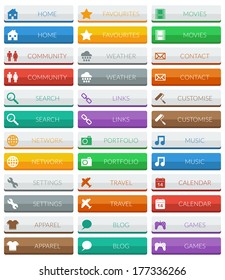 collection of flat color modern web buttons, 2 variations isolated on white