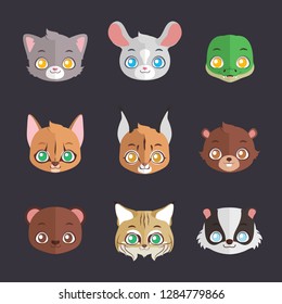 Collection of flat colored animal faces