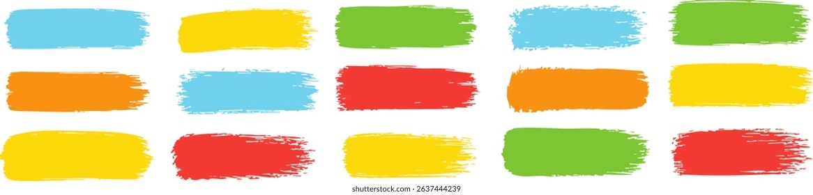 Collection of flat colorful brush strokes in blue, yellow, green, red, and orange, isolated on transparent background for decoration and creative design. Vector EPS 10