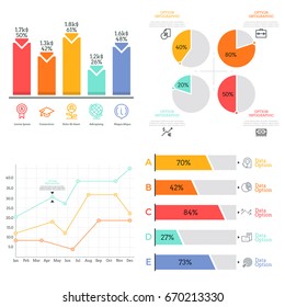 Collection Of Flat Colorful Diagram, Bar And Line Graph, Pie Chart Elements. Statistical Data Visualization Concept. Simple Infographic Design Template. Vector Illustration For Report, Brochure.