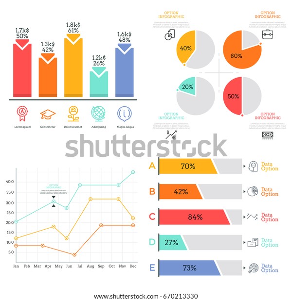 フラットなカラフル図 棒グラフ 折れ線グラフ 円グラフのエレメントのコレクションです 統計データの可視化のコンセプト 簡単なインフォグラフィックデザインテンプレート レポート パンフレットのベクターイラスト のベクター画像素材 ロイヤリティフリー