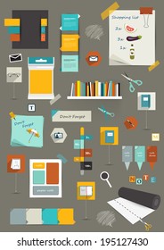Collection of flat colorful paper stickers, folders, post it,  bubbles set, icons. Graphic template. Vector background. 