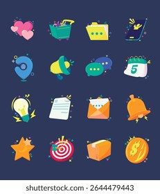 Collection of flat cute style icons including hearts, calendar, coin, shopping cart, target, idea, bell, mail, and more. Ideal for UI UX, games, mobile app dashboards, fintech, and marketing visuals.