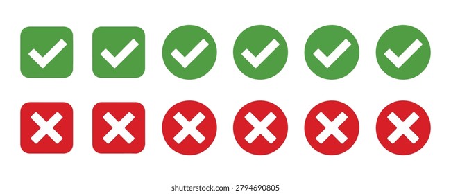 Collection of flat design approval and denial marks, including green checks and red crosses, various shapes.
