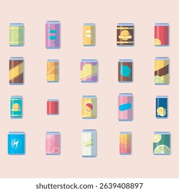 Collection of flat design beverage cans in various colors and with different fruit and graphic elements. Each can has a unique design, showcasing a range of colors and imagery.