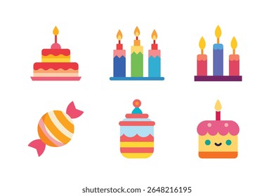 A collection of flat design birthday elements including cakes, candles and a candy, all in bright and cheerful colors.