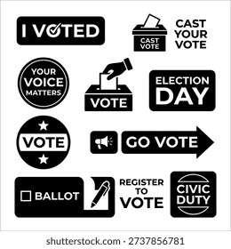A collection of flat design black and white icons promoting voting and civic duty. Includes graphics of ballot boxes, voting hands, and various slogans like Register to Vote and Election Day. These elements are ideal for websites, social media, and print materials during government elections.