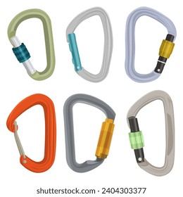 Collection of flat design carabiners. Rock climbing sports equipment. Adventure equipment