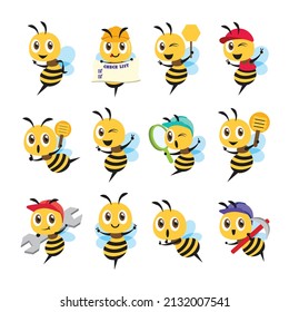 Colección de dibujos animados de diseño plano adorable personaje de abeja conjunto en diferentes poses. Bee contiene diferentes elementos y acciones diferentes. Conjunto de mascota de abejas vectoras