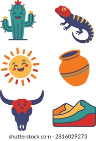 A collection of flat design cartoon icons representing desert life and scenery, including a smiling cactus, a colorful lizard, a cheerful sun, a traditional pot, a b