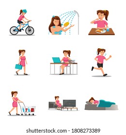 collection of flat design of cartoon woman characters of routine in cartoon version,vector illustration