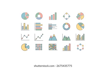 A collection of flat design charts and graphs in pastel colors including pie charts bar graphs and line graphs.