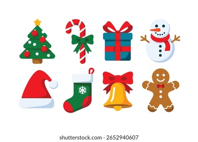 A collection of flat design Christmas icons including a decorated tree, candy cane, gift box, snowman, Santa hat, stocking, bell, and gingerbread man.