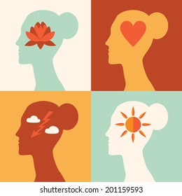 Collection of flat design colored vector illustration concepts for emotions and state of mind: harmony, love, stress, joy
