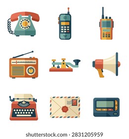 Collection of flat design communication tools including telephone, radio, typewriter, walkie talkie, and mail.