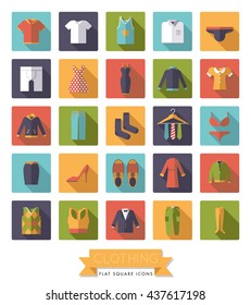 Collection of flat design fashion and clothing vector icons in rounded squares. Set of 25 symbols,