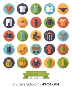 Collection of flat design fashion and clothing vector icons in circles. Set of 25 symbols.