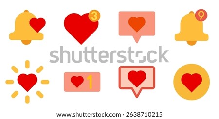 A collection of flat design heart icons combined with notification bells, counters, and speech bubbles representing likes, alerts, or social media activity