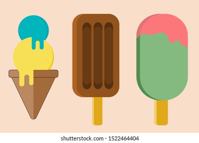 collection of flat design ice cream popsicles and ice cream cone. vector illustration.