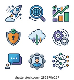 Collection of flat design icons for business technology concepts like startup, search, analytics, security, cloud, automation, communication, and AI