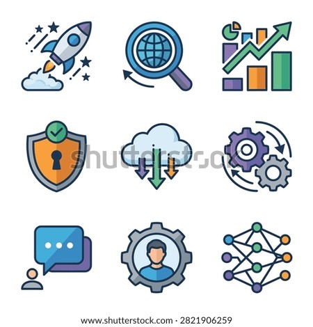 Collection of flat design icons for business technology concepts like startup, search, analytics, security, cloud, automation, communication, and AI