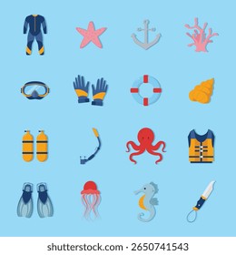 Coleção de ícones de design plano que retratam vários itens relacionados com mergulho, snorkeling e vida marinha. Os ícones representam equipamentos de mergulho, criaturas marinhas e equipamentos náuticos