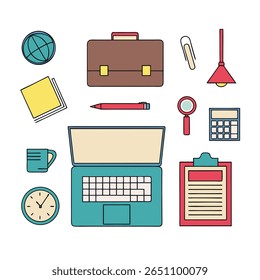 A collection of flat design icons depicting office and desk items including a laptop, briefcase, globe, clock, mug, lamp, calculator, magnifying glass, paperclip, notepad, pencil, and clipboard.