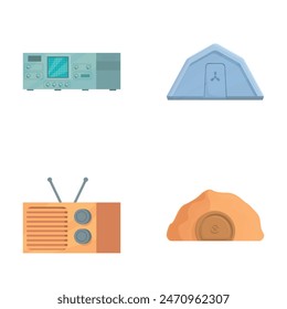 Collection of flat design icons featuring oldfashioned radio, boombox, bread, and a camping tent