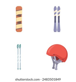 Collection of flat design icons featuring equipment for snowboarding and skiing