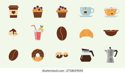 Uma coleção de ícones de design plano com várias bebidas de café e chá, juntamente com variados doces e sobremesas para o café da manhã, apresentados em um fundo claro.