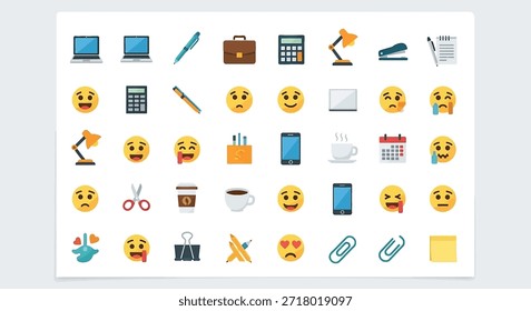 Una colección de iconos de diseño plano con suministros de oficina, dispositivos tecnológicos y varios emojis expresivos sobre un fondo blanco limpio.
